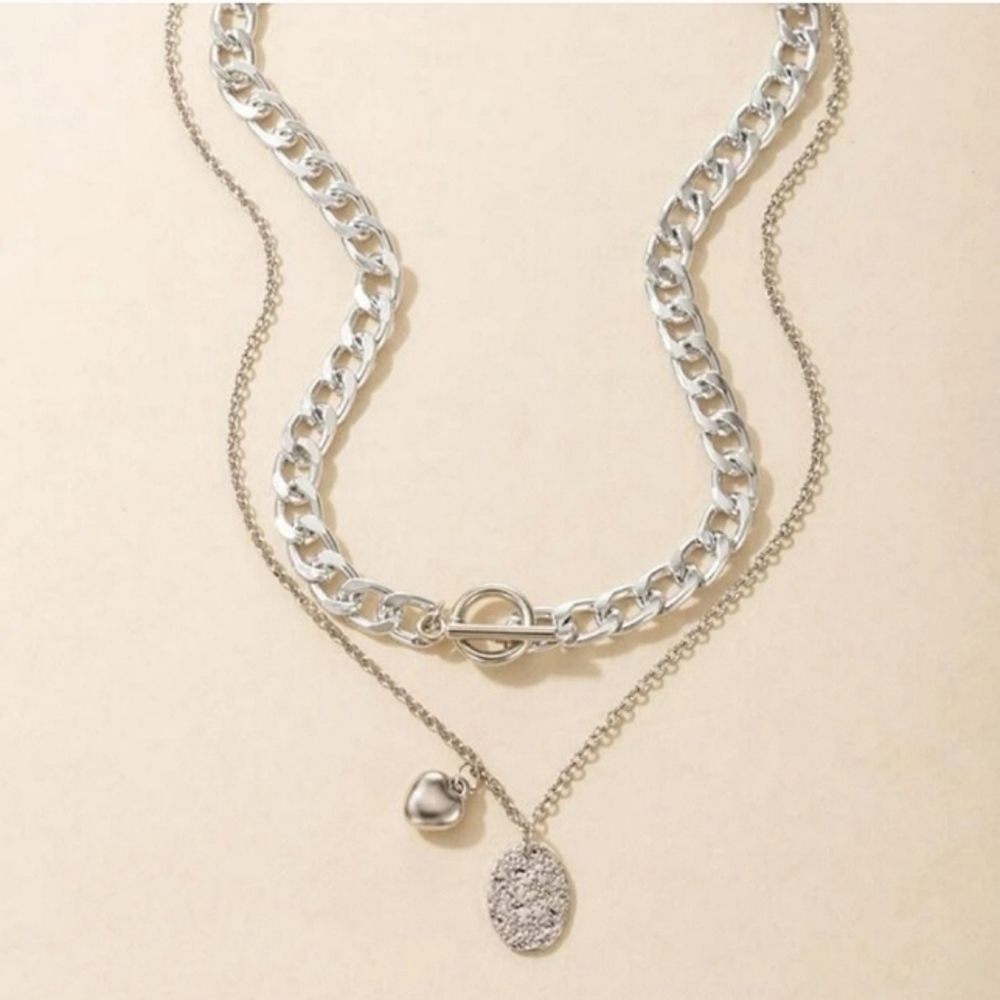 Silver Layered Chunky Chain Pendant Necklace